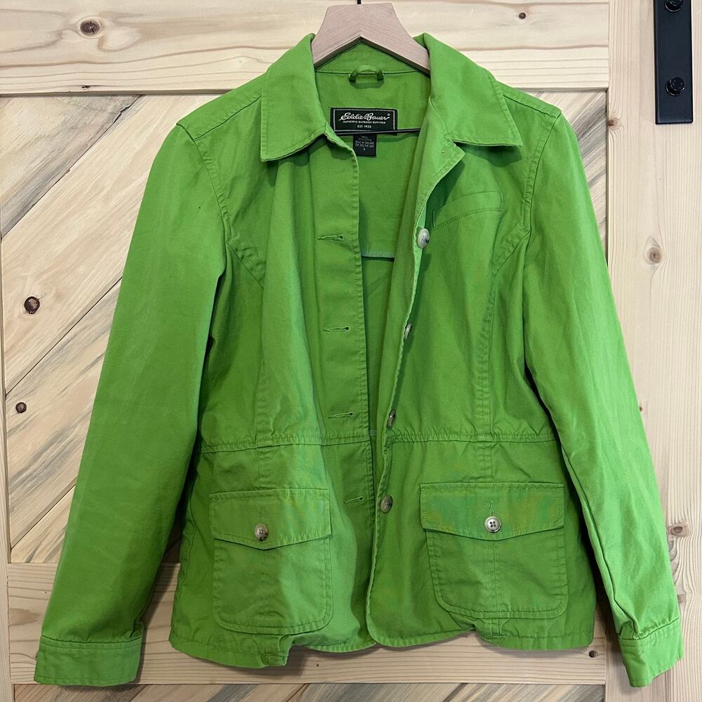 Large Cotton Eddie Bauer Jacket in Chartreuse! Heavy cotton with pockets